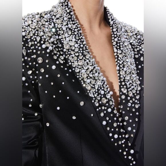 ALICE + OLIVIA Ivan Crystal Pearl Embellished Satin Blazer Black - Picture 4 of 10